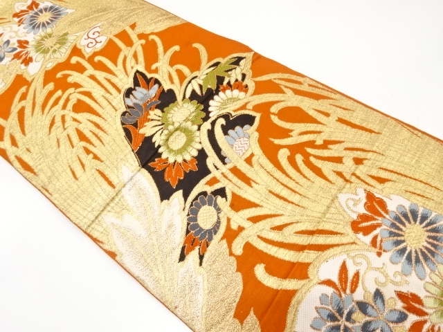 JAPANESE KIMONO / ANTIQUE FUKURO OBI / WOVEN KIKU